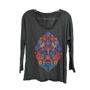 Lucky Brand‎ Womens Medium Black Long Sleeve Embroidered Floral Knit Top Shirt